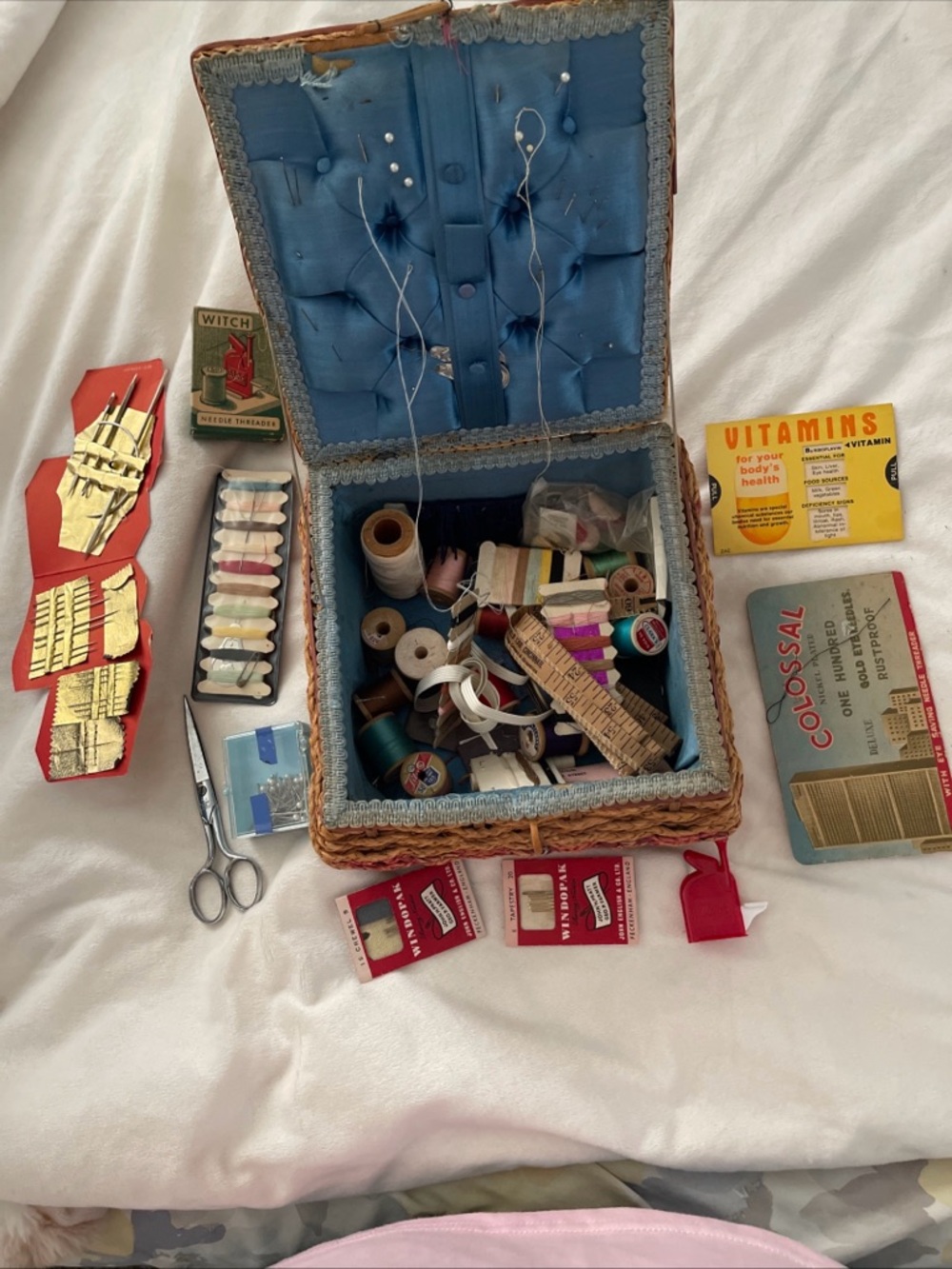 Vintage 1950s Blue Lined Wicker Sewing Basket with Sewing Supplies made in Japan